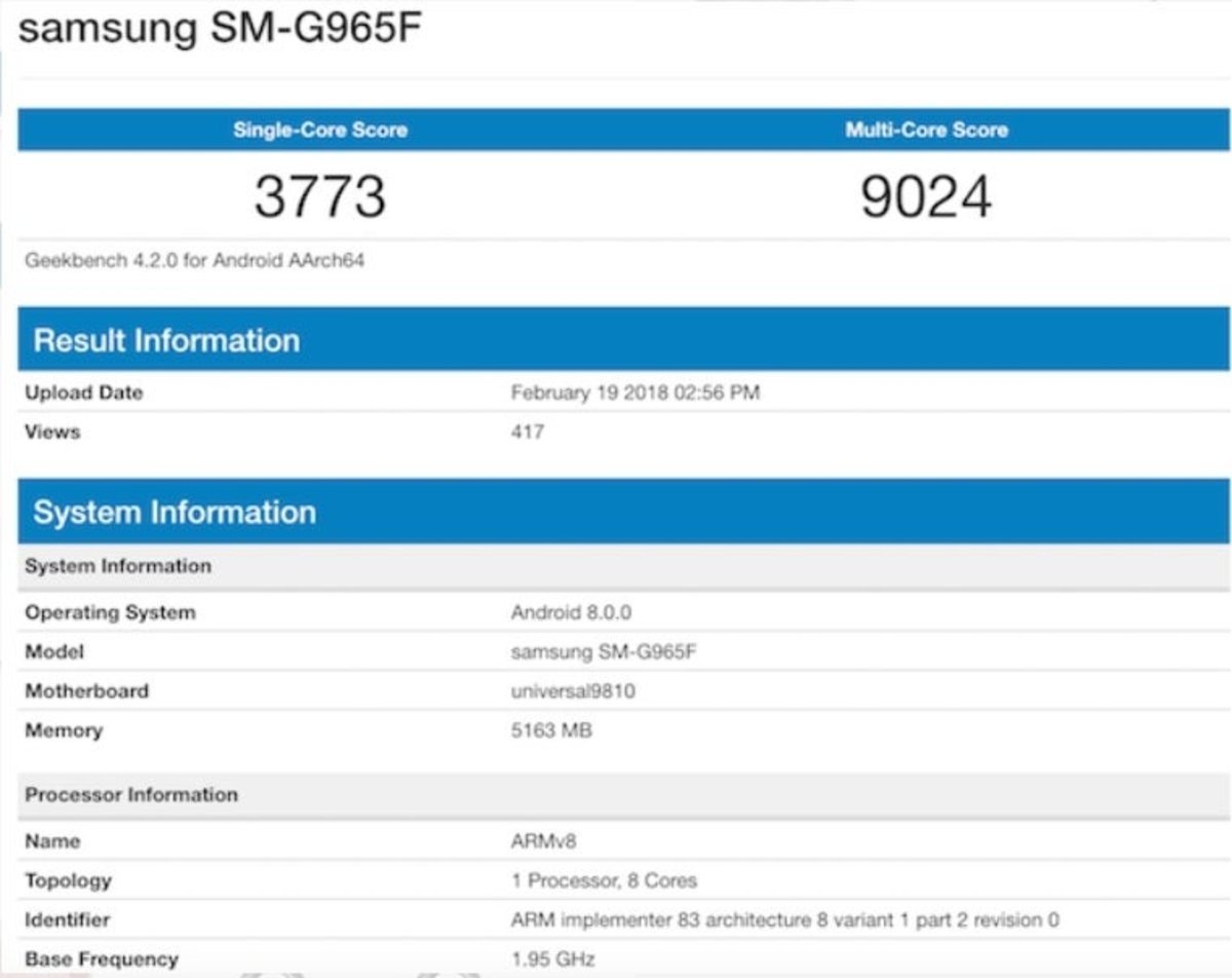 Posible benchmark del Samsung Galaxy S9+ aparece en Geekbench