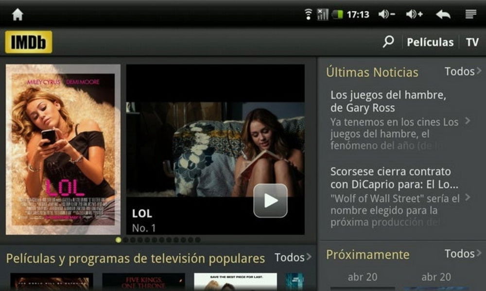 IMDb tablet pantalla de inicio