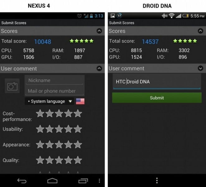 Google Nexus 4 contra el HTC Droid DNA