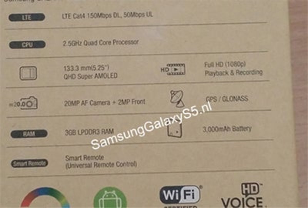 Fotografía de la posible caja del Samsung Galaxy S5, con características