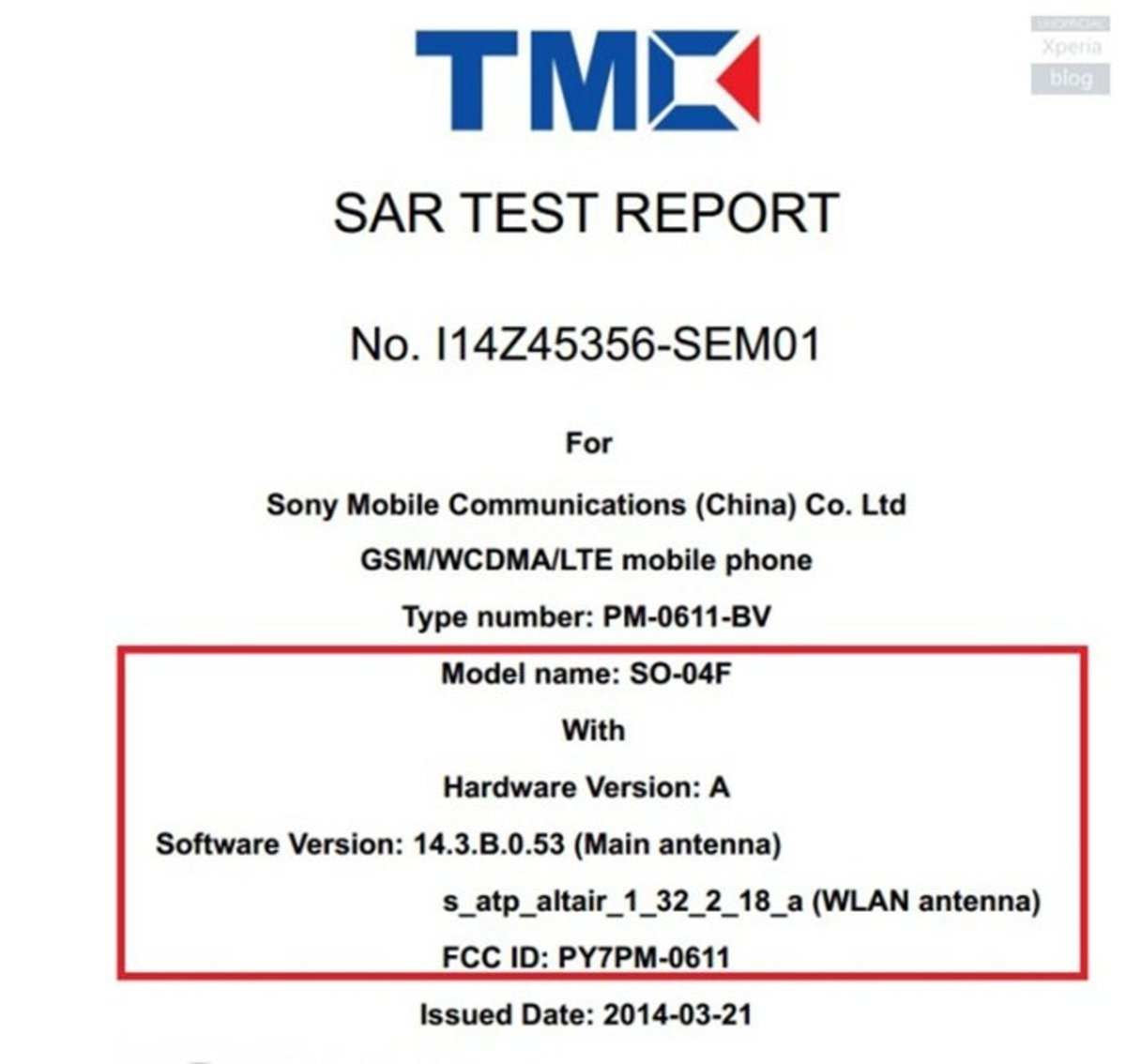 Documento del test en la FCC del supuesto Sony Xperia Z2 Compact