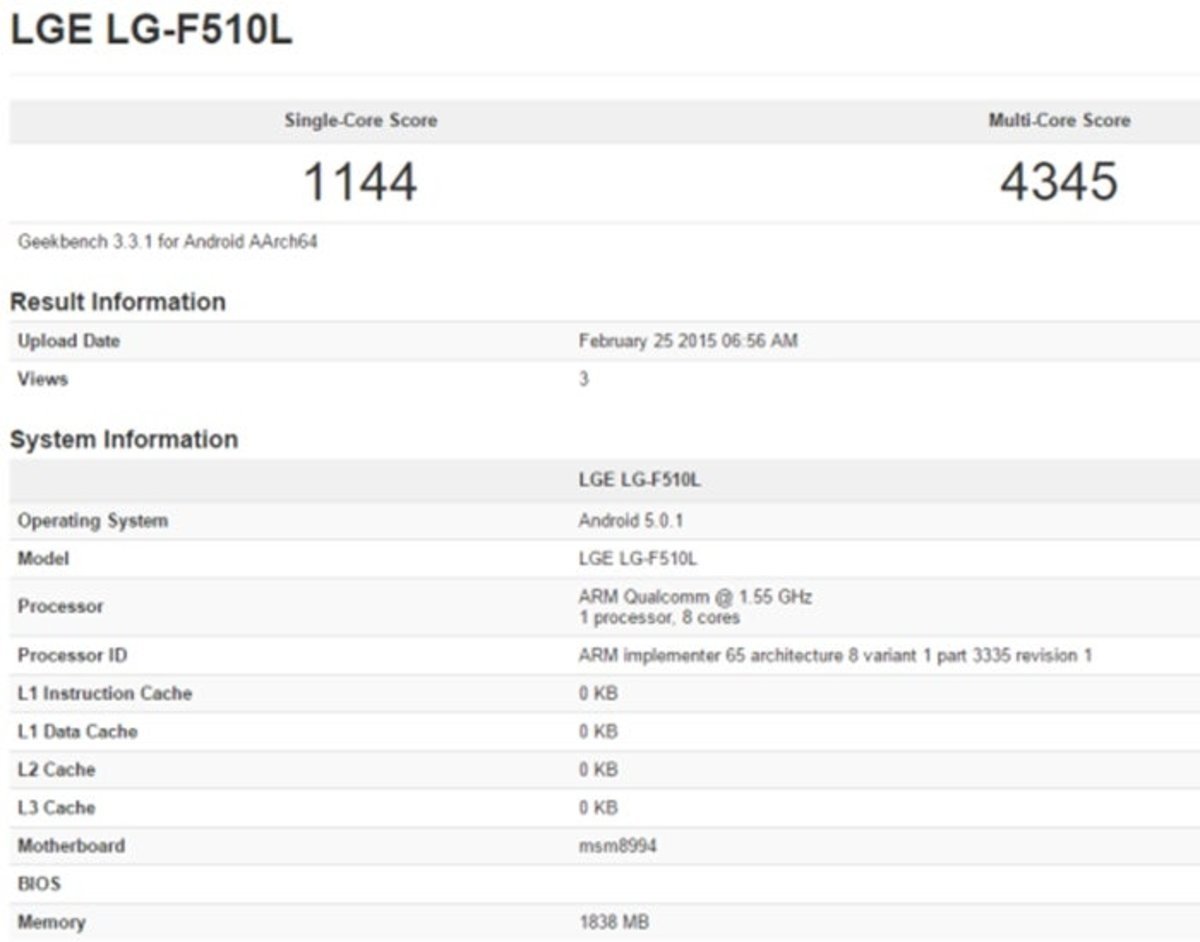 LG G Flex 2 con Qualcomm Snapdragon 810 en GeekBench