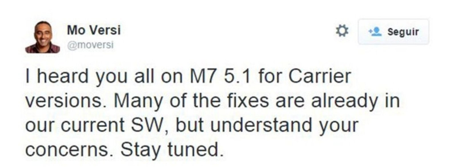 Mensaje de Mo Versi en Twitter acerca de la actualización a Android 5.1 Lollipop del HTC One M7 Sense