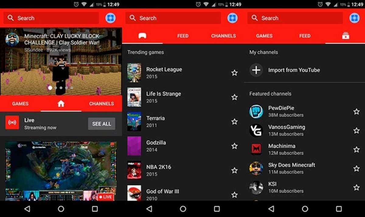 Pantallas iniciales de YouTube Gaming para Android