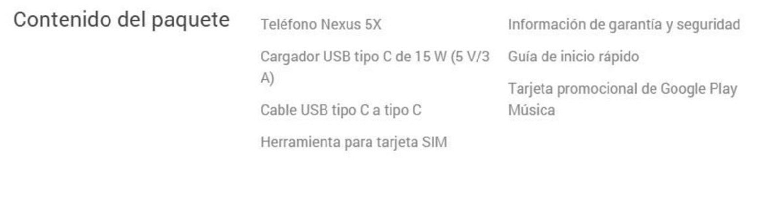 Contenido Paquete Nexus 5X
