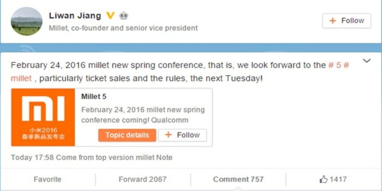 El Xiaomi Mi 5 se presentará el 24 de febrero