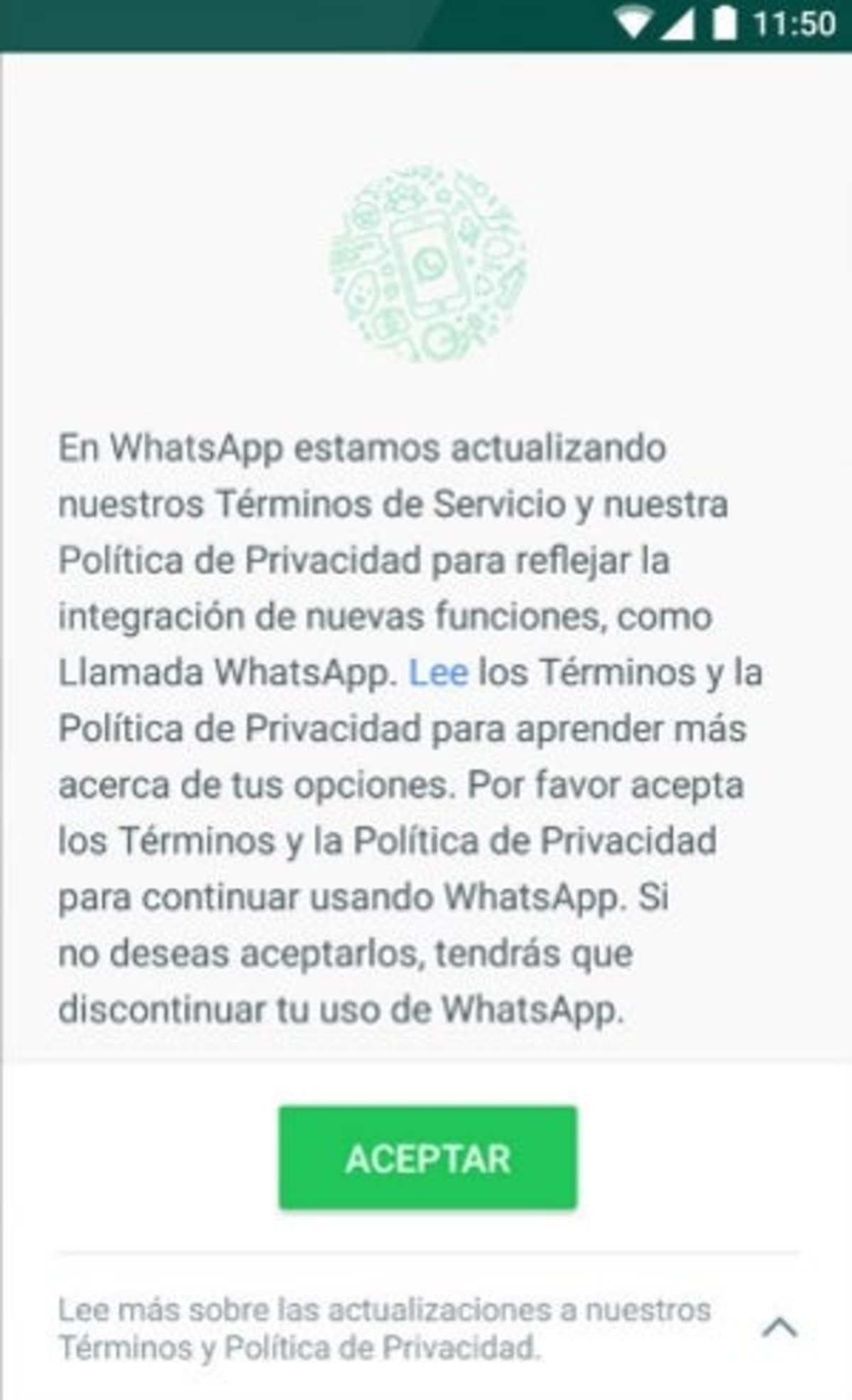 Notificación de la actualización de los Términos de Uso y Privacidad de WhatsApp