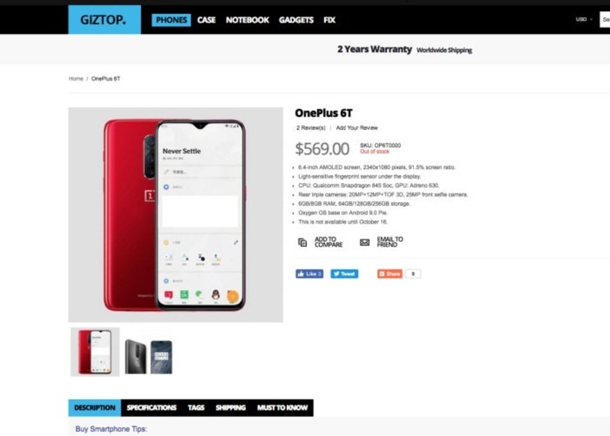 Se filtran las especificaciones y el precio del OnePlus 6T