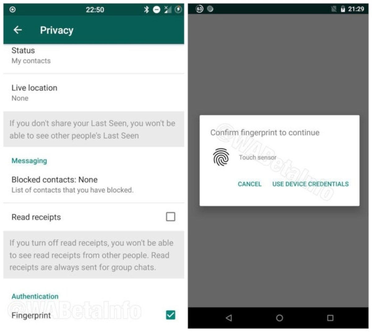 captura de pantalla de la beta de WhatsApp con el desbloqueo por huella