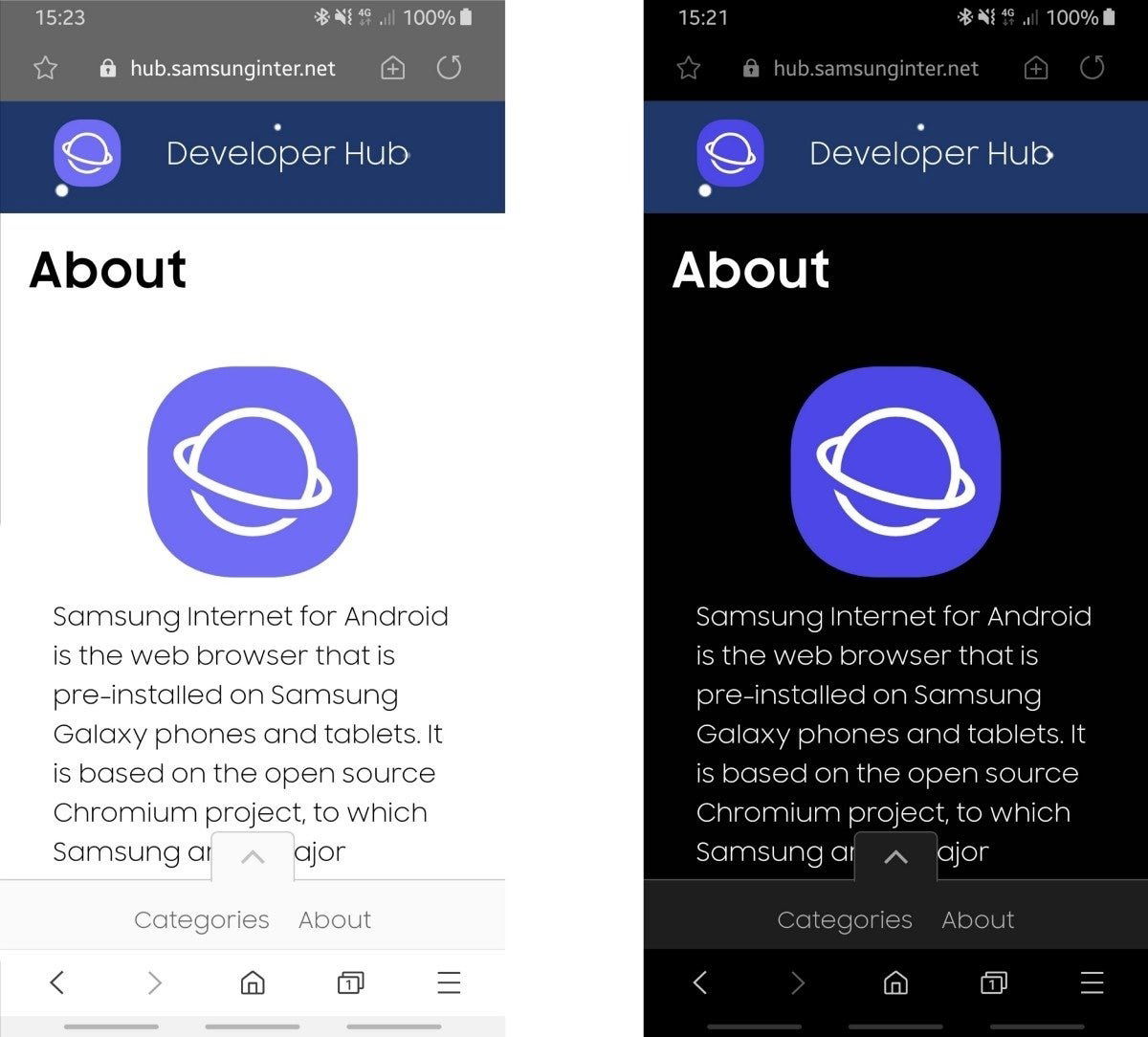 Tema oscuro en Samsung Internet