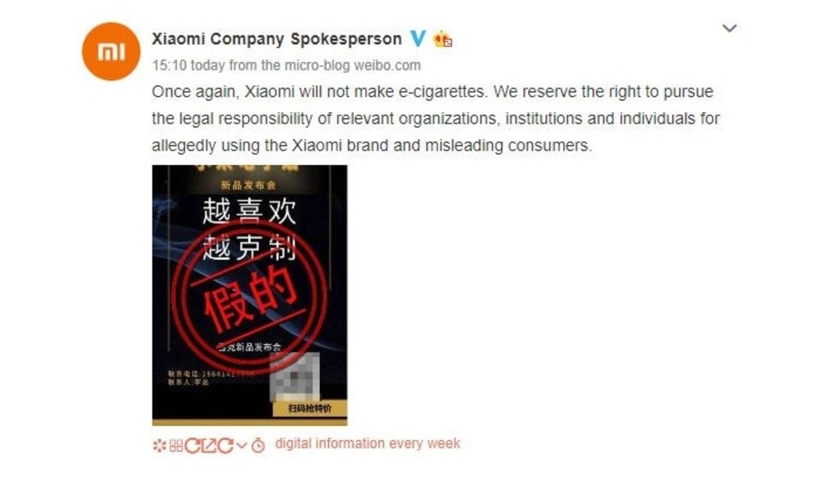 Xiaomi comunicado cigarrillos electrónicos