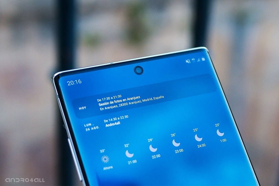 Samsung Galaxy Note10, parte frontal superior