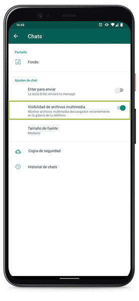 Activar visibilidad de archivos multimedia en WhatsApp