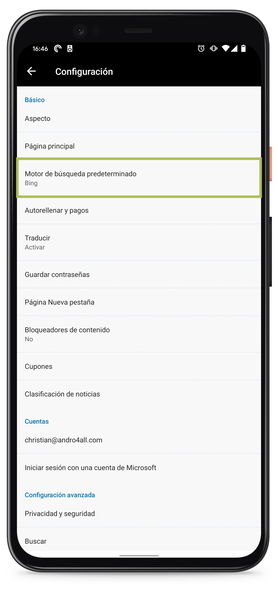 Cómo cambiar el motor de búsqueda en Microsoft Edge para Android: Bing, Yahoo, Google o DuckDuckGo