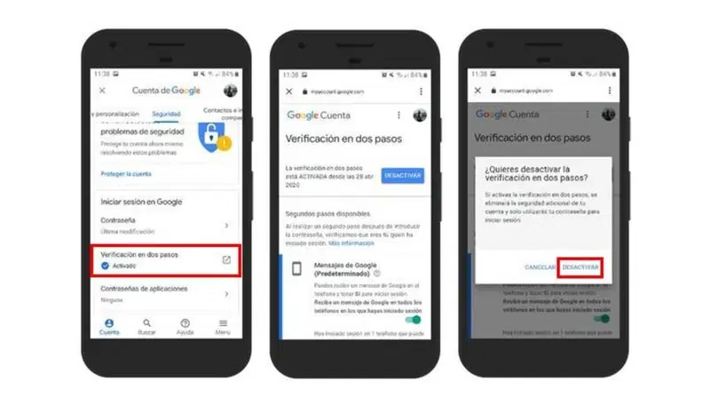 Desactivar verificación en dos pasos de Google