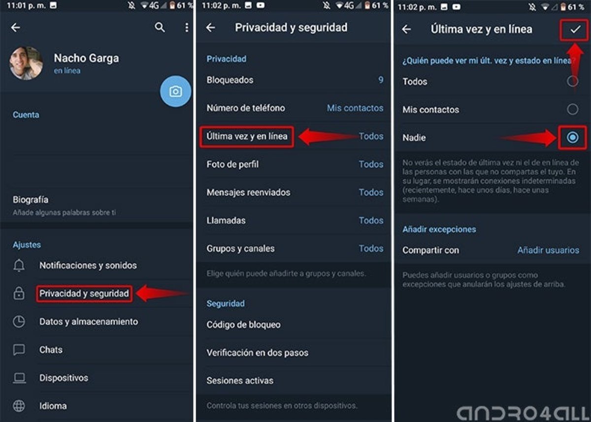 pasos para ocultar el estado en línea de Telegram desde el móvil