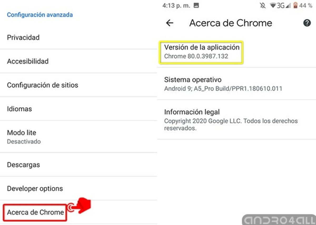 opción Acerca de Google para revisar la versión