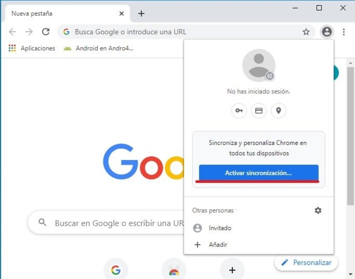 Opción Activar sincronización en Google Chrome