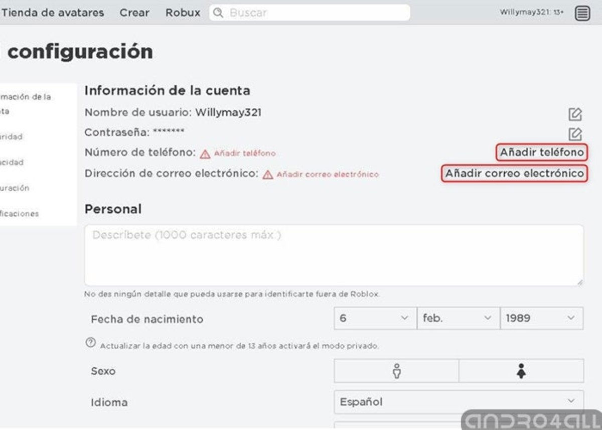 Registra el correo electronico para activar la cuenta en Roblox