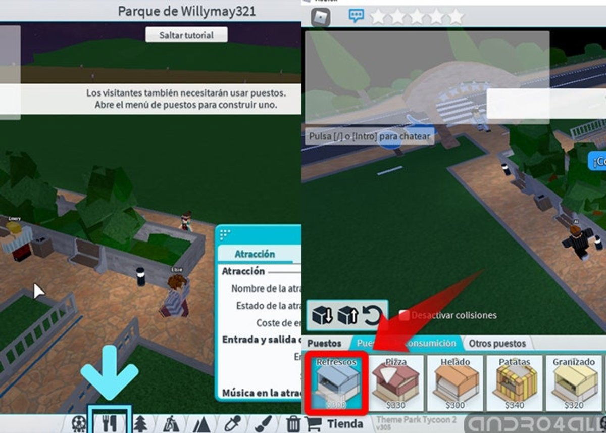 Despues de crear un parque de atracciones en roblox, coloca un puesto de comida