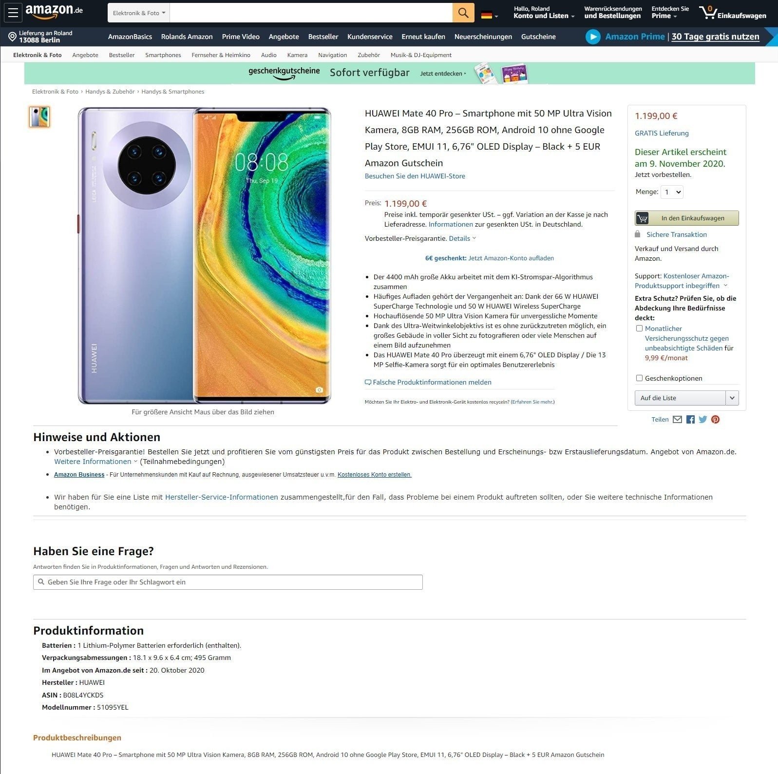 Huawei Mate 40 Pro, filtrado al completo en Amazon