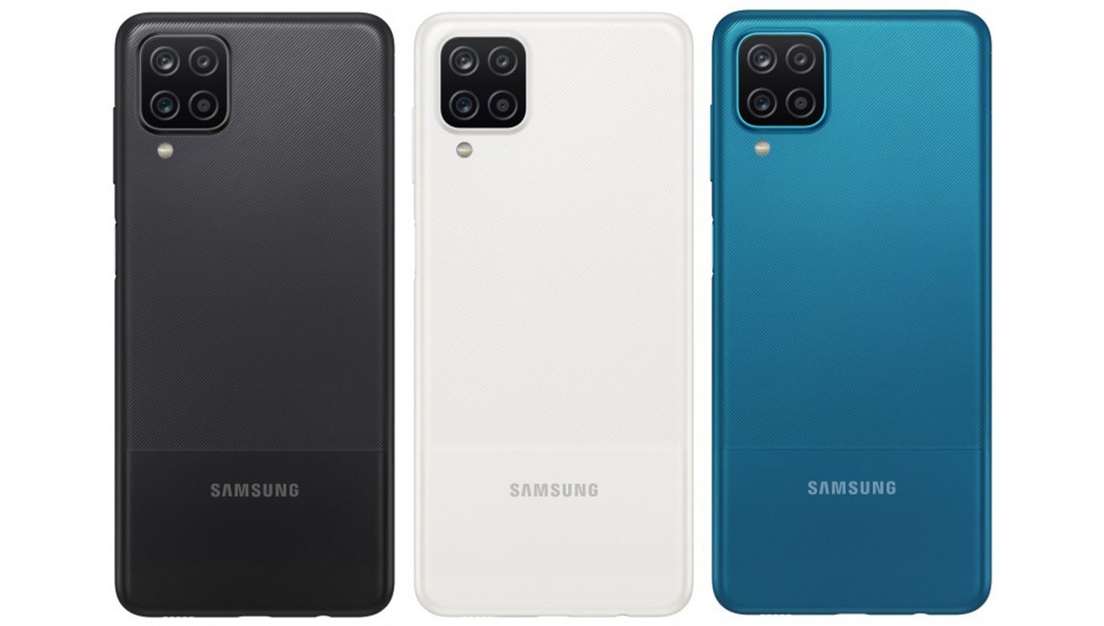 La parte trasera del Samsung Galaxy A12 en tres colores