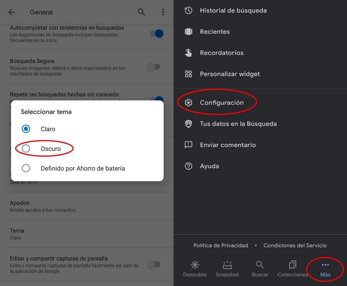 Cómo activar el modo oscuro en la app de Google