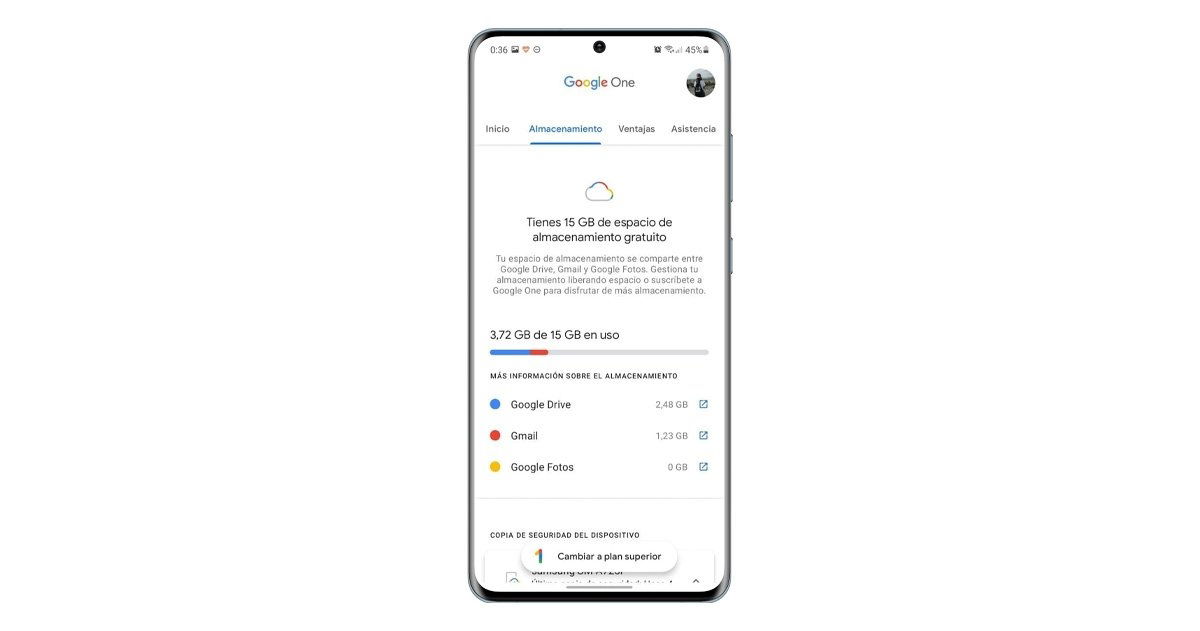 Ver almacenamiento Google One