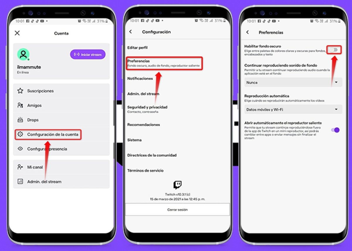 Como activar el modo oscuro en Twitch para Android seguro