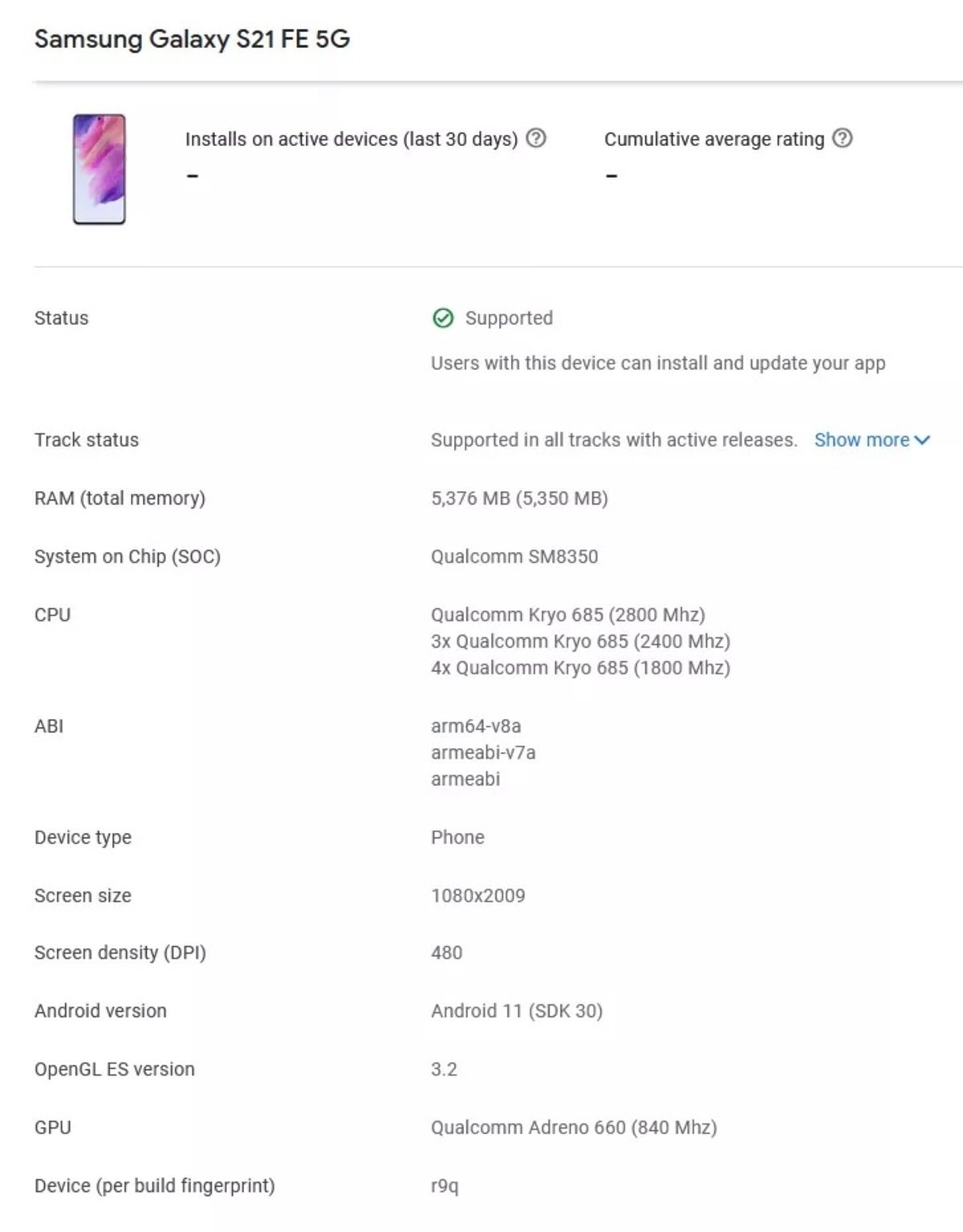 Samsung Galaxy S21 FE, en Google Play Console