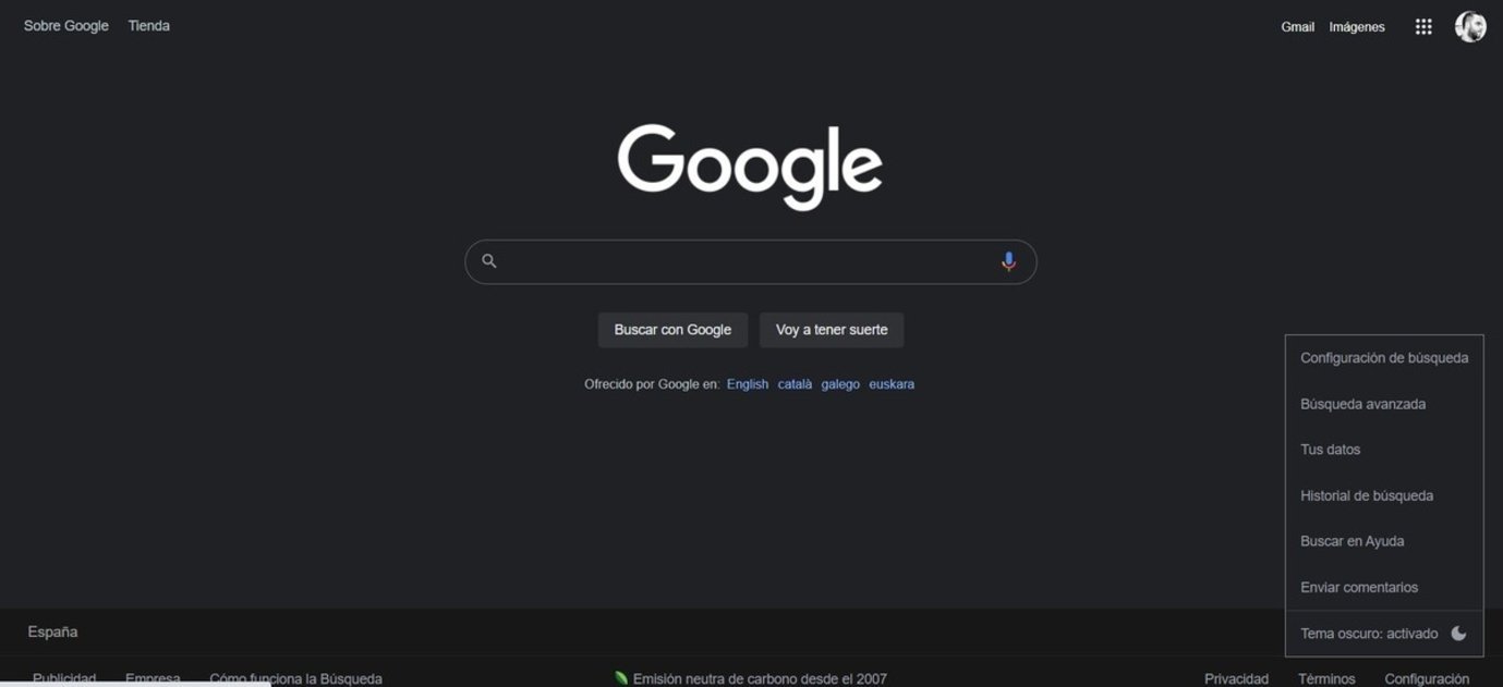 Modo oscuro Google versión escritorio