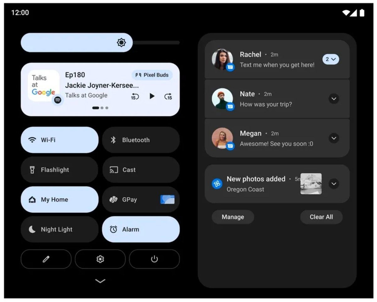 Panel de ajustes rápidos de Android 12L