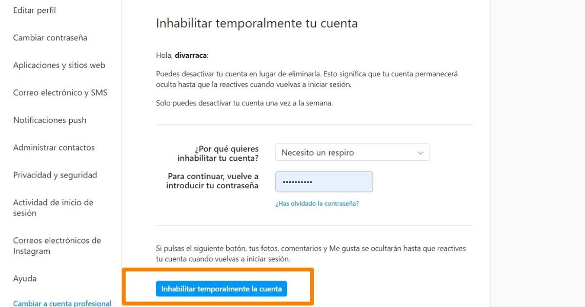 Cómo desactivar una cuenta de Instagram solo de forma temporal