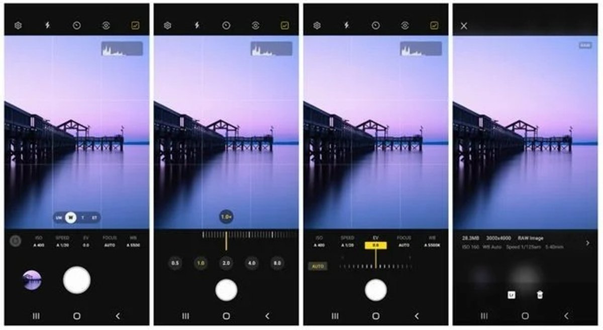 Capturas de pantalla de la app Expert RAW de Samsung.