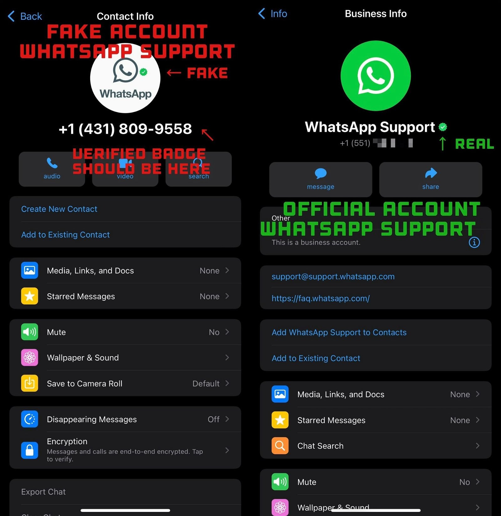 Cuentas de soporte falsas en WhatsApp