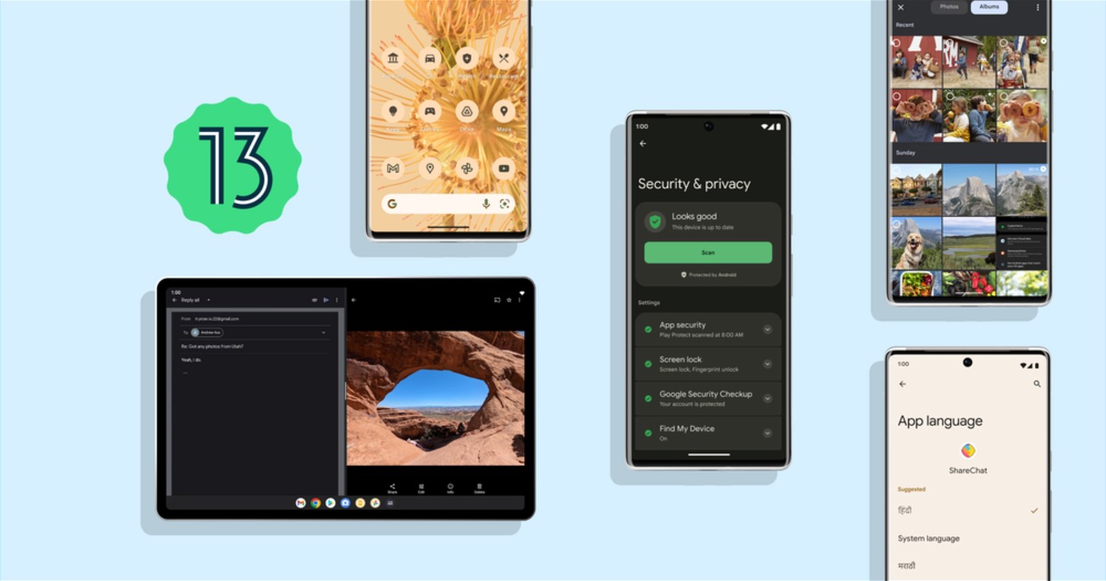 Interfaz de Android 13 en varios dispositivos.
