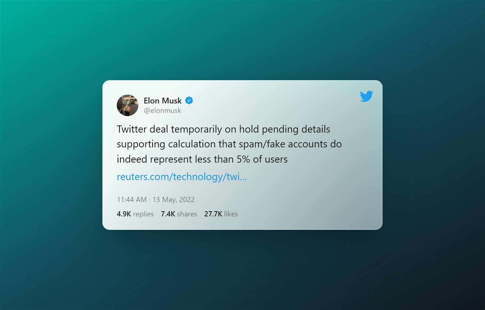 Captura de pantalla del tuit donde Elon Musk confirma que la compra de Twitter queda suspendida temporalmente.