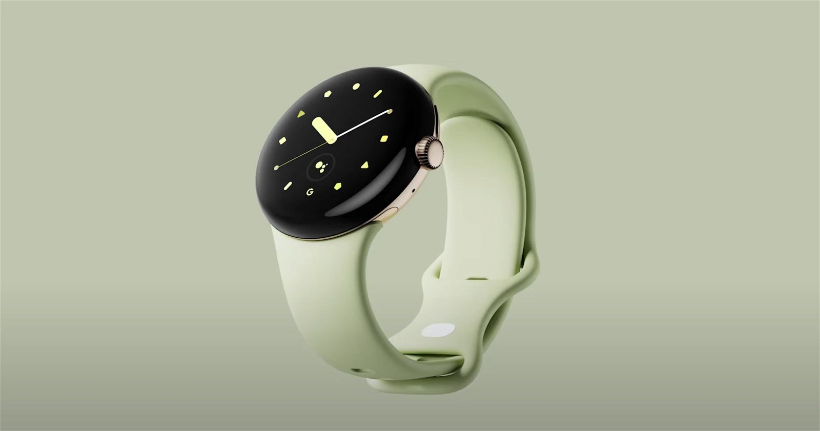 Google Pixel Watch dorado con correa de color verde