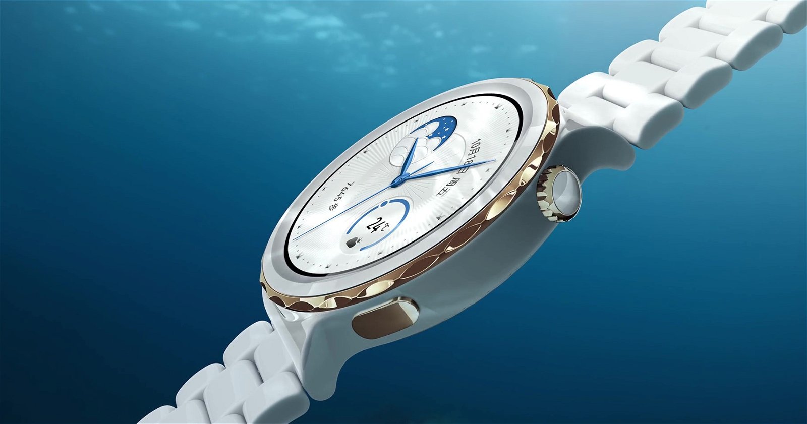 Un reloj Huawei Watch GT 3 Pro de color blanco sumergido en el agua.