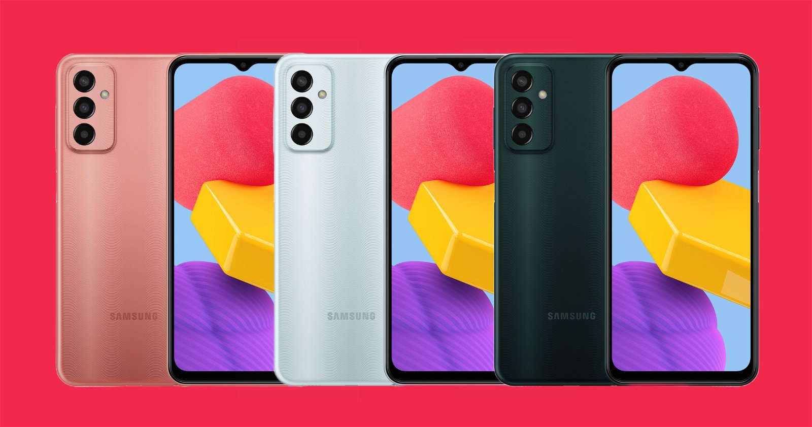 El Samsung Galaxy M13 en tres colores distintos.