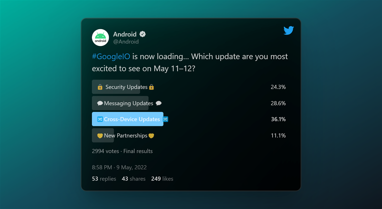 Tuit de Android en el que se muestran las novedades que se anunciarán en el Google I/O 2022