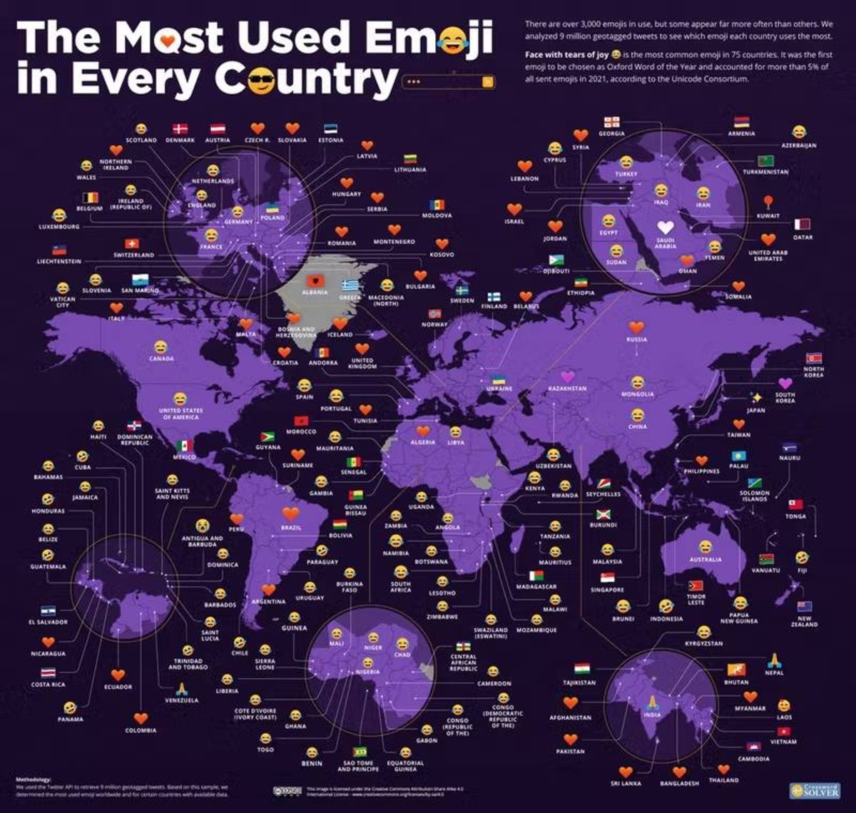 mapa emojis más usados en el mundo