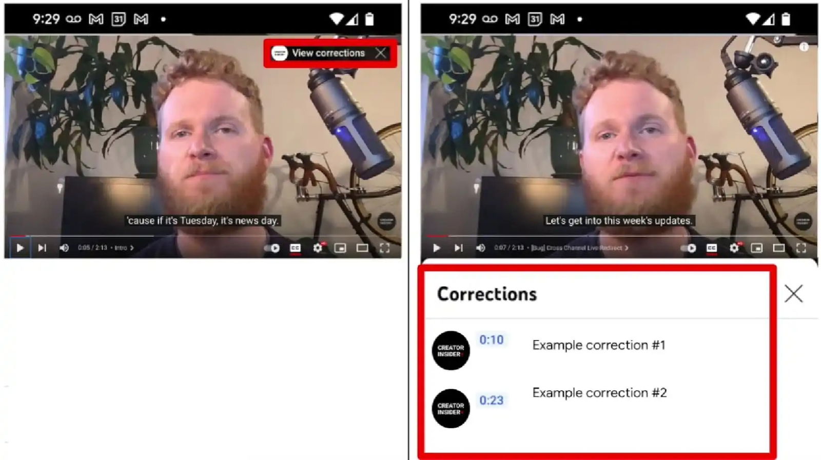 Correcciones en vídeos de YouTube