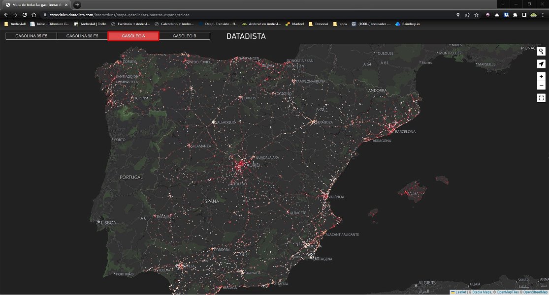 Esta web muestra un mapa en tiempo real con el precio actualizado de todas las gasolineras del país