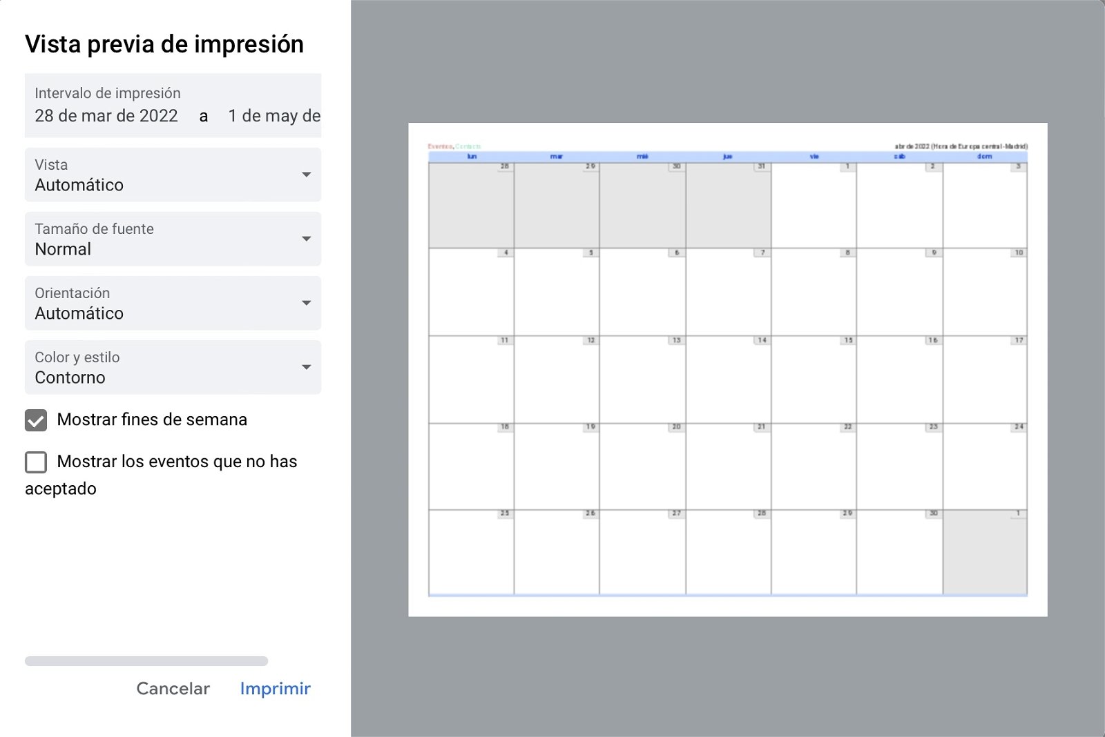 Captura de pantalla de impresión de calendario