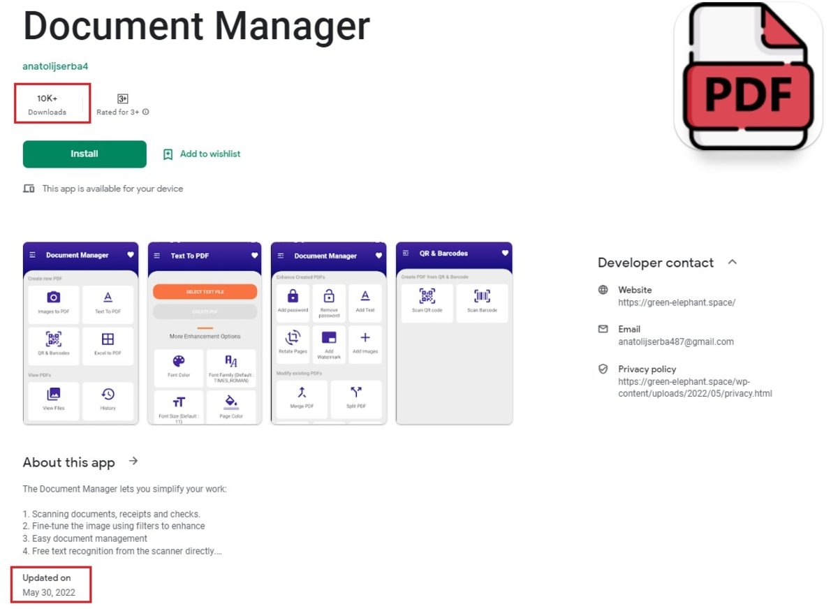 Captura de pantalla de la aplicación con malware, Document Manager, publicada en Google Play