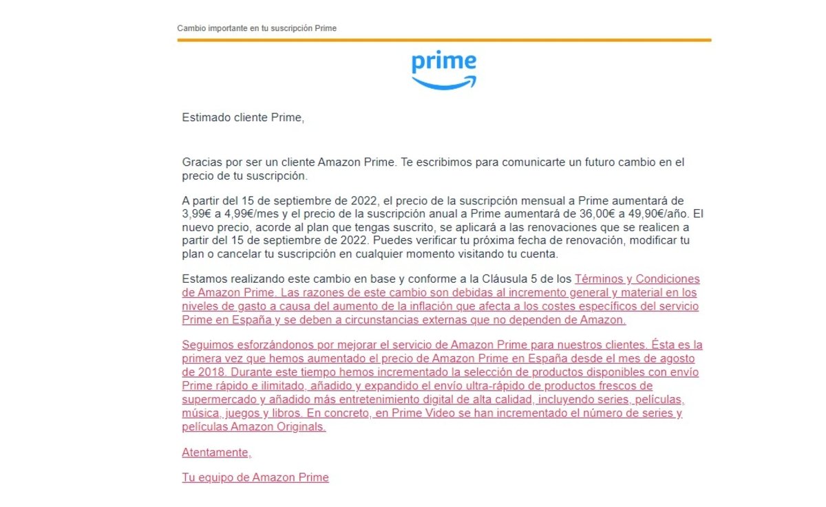 Amazon Prime subida precio