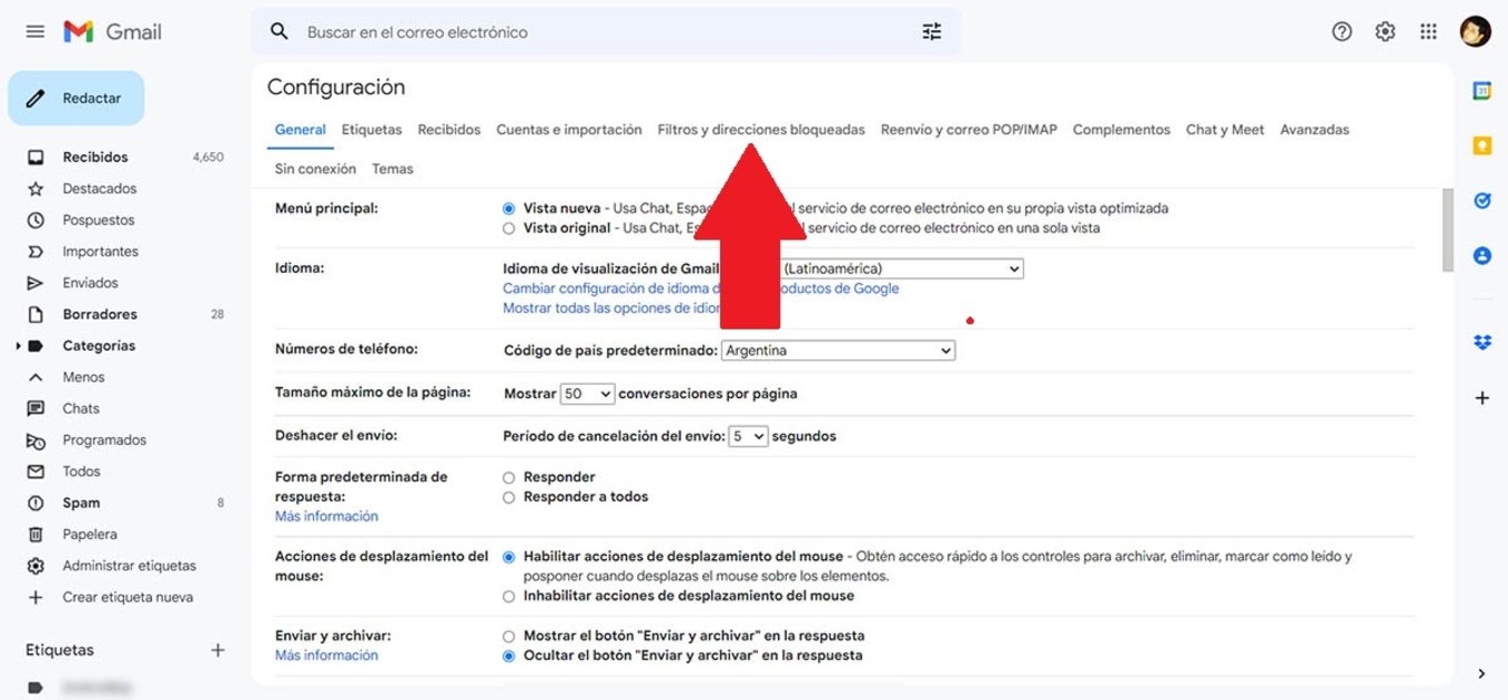 Acceder a los filtros y direcciones bloqueadas en Gmail