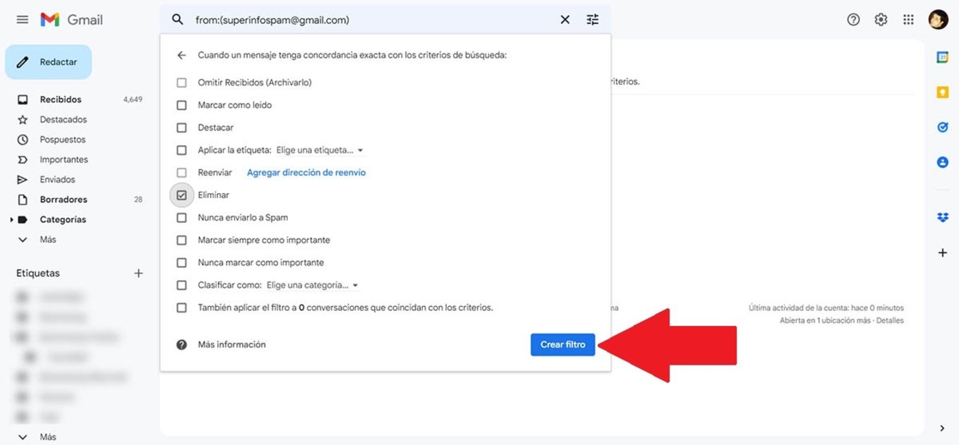 Crear un filtro personalizado en Gmail