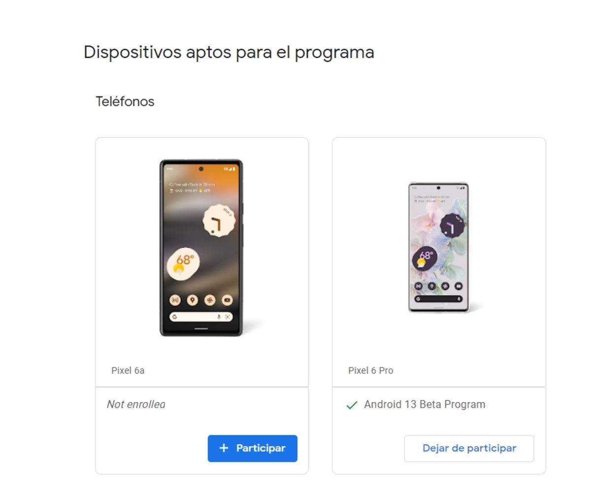 Dispositivos aptos para el programa beta de Android 13